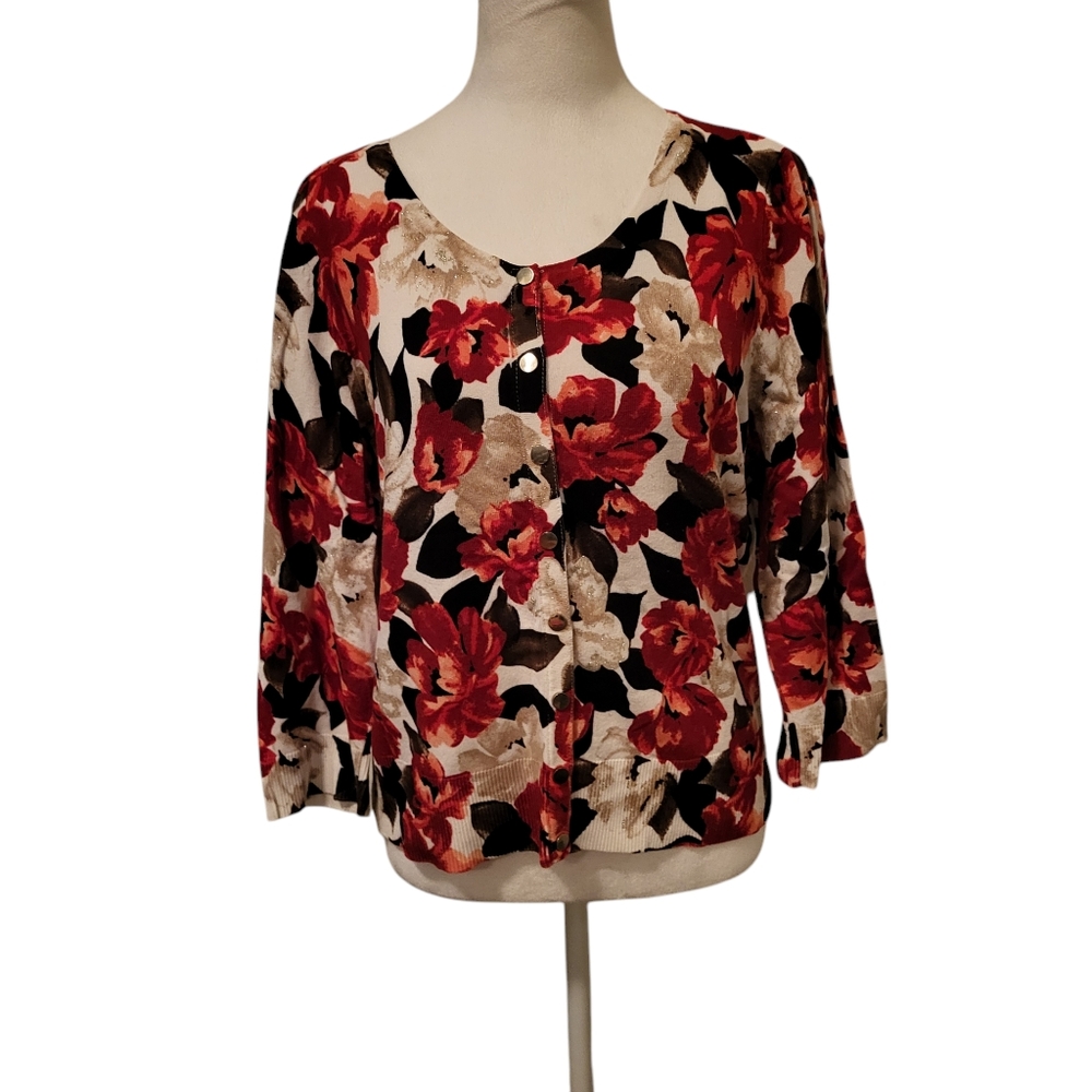 White House Black Market Floral Button Down Sweater sz L